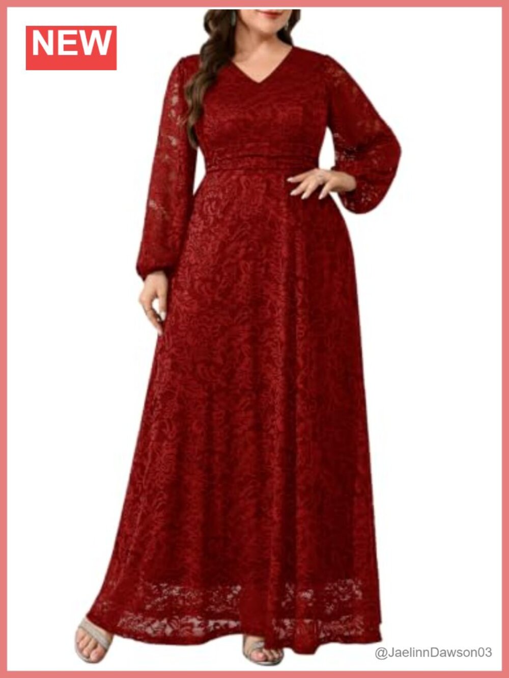 Plus Size Floral Lace Formal Evening Gown V Neck Lantern Sleeve Maxi Dress